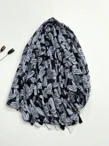 1pc Simple Printed Women's Scarf, Fashionable New Style Sun Protection Beach Shawl, Silk Scarf, Linen Feel Wrap For Women - Black - View 4