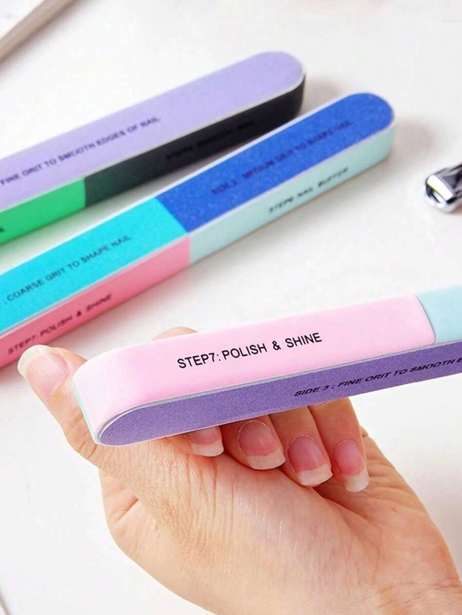6-In-1 Colorful 7-Sided Nail File Set, Nail Buffer Block, Nail Polishing Tool Kit, Beginner Nail Care Tools, Printed Design, Nail Edge File, Sanding Block, Shaping Polishing Block, Suitable For Nail Salons