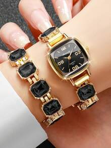 Women's Square Rhinestone Dial Digital Scale Quartz Bracelet Watch + Square Rhinestone Bracelet (2pcs/Set) Watch Box Not Included - Black - View 2