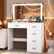Large Dressing Table 5 Drawers Make Up Desk Set With LED Mirror Vanity Table - White - View 3