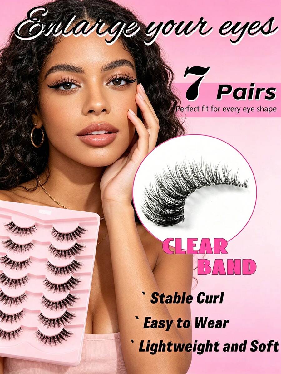 Mkhlina 7對貓眼假睫毛 透明睫毛梗 柔軟易佩戴 日常使用 (P777)