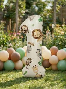 3pcs Jungle Animal Sticker Set, Includes 32-Inch Cream Color Foil Number Balloon, Suitable For Birthday Party, Baby Shower Decoration, Photo Props And Party Supplies - View 3