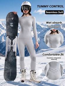 2pcs Seamless Women's Ski Quick-Dry Base Layer Set, Moisture-Wicking Soft Skin-Friendly Slimming Warm Ski Sports Compression Set, Suitable For Skiing And Other Sports - Light Grey - View 1