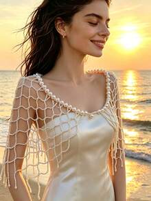 Elegant Beaded Mesh Shawl Cover-Up, Faux Pearl Shoulder Wrap Body Accessory, Suitable For Beach Vacation, Nightclub - White - View 2