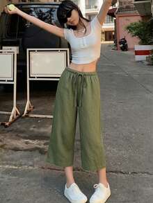 Women's Cropped Length Wide Leg Pants, Summer New Style Elastic Waist Drawstring Lightweight Breathable, Slouchy, Loose Versatile Casual Pants, Suitable For Daily Wear - Army Green - View 8