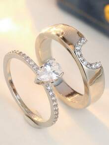 Gmzalx 2pcs Fashion Minimalist Rings, Creative Eternal Promise Engagement Rings For Dating Wedding Lovers, Perfect Christmas Gift - Silver - View 5