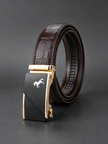 Designed With Premium Business Horse Print Automatic Buckle Belt, High-End Minimalist Men's PU Belt, Suitable For Office Wear, Essential Gift, Black And Brown Dual Colors Available - Multicolor - View 7