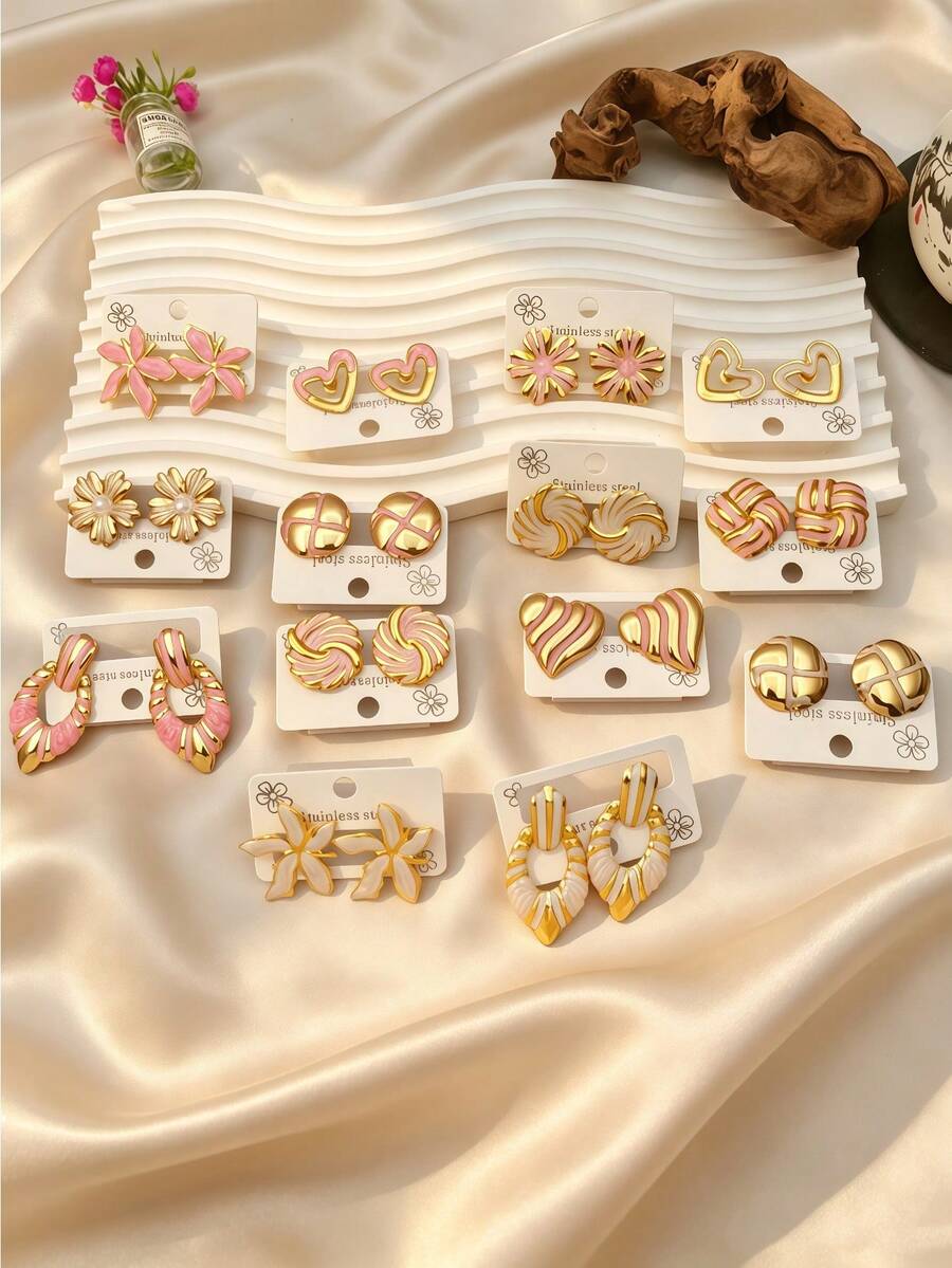 4/8/16/24pcs Cream White Gold Stainless Steel Earrings - Multicolor - View 1