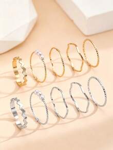 10/5 piezas Elegante Minimalista Exquisito Conjunto de Anillos Geométricos de Línea para Mujer, Conjunto de Anillos Apilables Multicapa de Oro & Plata, Adecuado para Uso Diario, Fiesta, Vacaciones, Citas, Vacaciones, Uso Casual - Multicolor - Ver 1