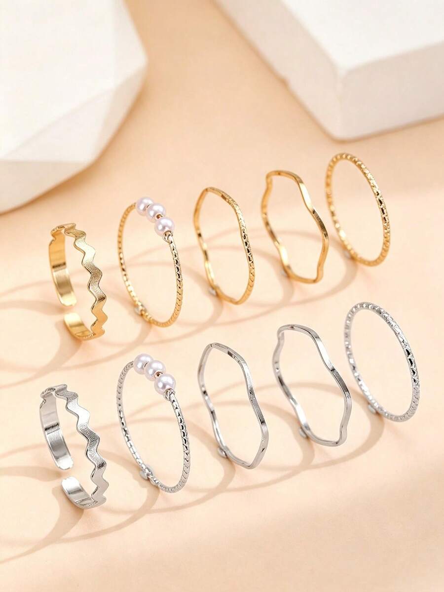 10/5 piezas Elegante Minimalista Exquisito Conjunto de Anillos Geométricos de Línea para Mujer, Conjunto de Anillos Apilables Multicapa de Oro & Plata, Adecuado para Uso Diario, Fiesta, Vacaciones, Citas, Vacaciones, Uso Casual - Multicolor - Ver 1