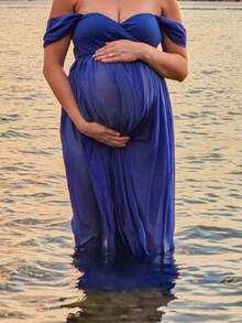 Maternity Flowy Chiffon Off Shoulder V-Neck Drop Sleeves Front Split Maxi Photography Dress For Photoshoot - Royal Blue - View 5