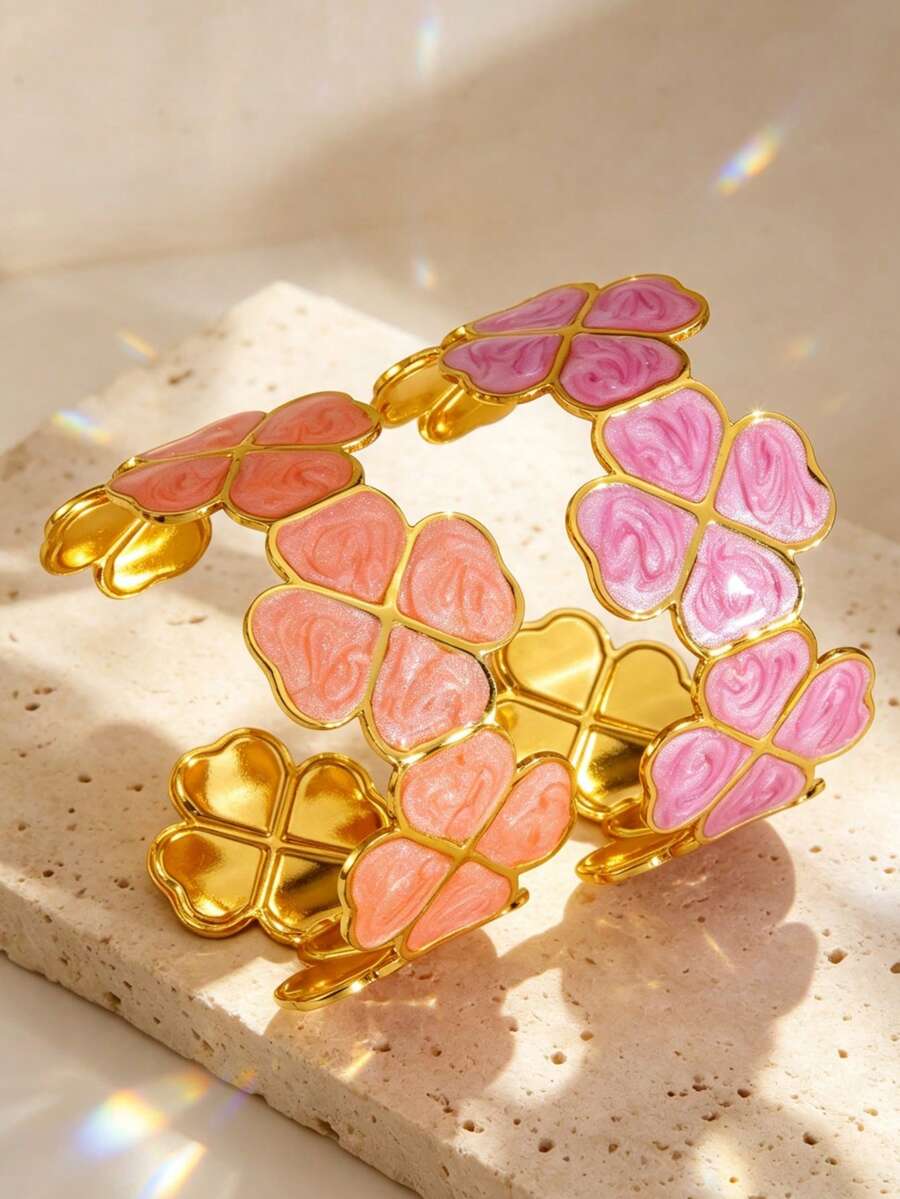 1 buah Gelang Bangle Terbuka Stainless Steel Enamel Desain Daun Semanggi Empat Daun Minimalis untuk Wanita, Cocok untuk Liburan, Kencan, atau Sebagai Hadiah Liburan untuk Teman - Yellow Gold - View 1