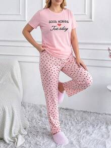 Women's Short Sleeve Heart Printed Pajama Set - Pink - View 2