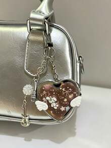 1pc Korean Vintage Heart With Small Wings Mirror Bag Charm, Ins Style Musical Note Guitar Pendant, Portable Heart-Shaped Small Mirror Keychain - Multicolor - View 14