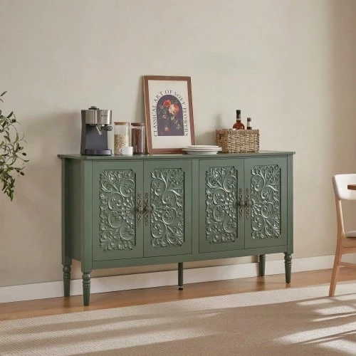Sideboard With Antique Relief Carvings, Large Storage Space - Green - View 1