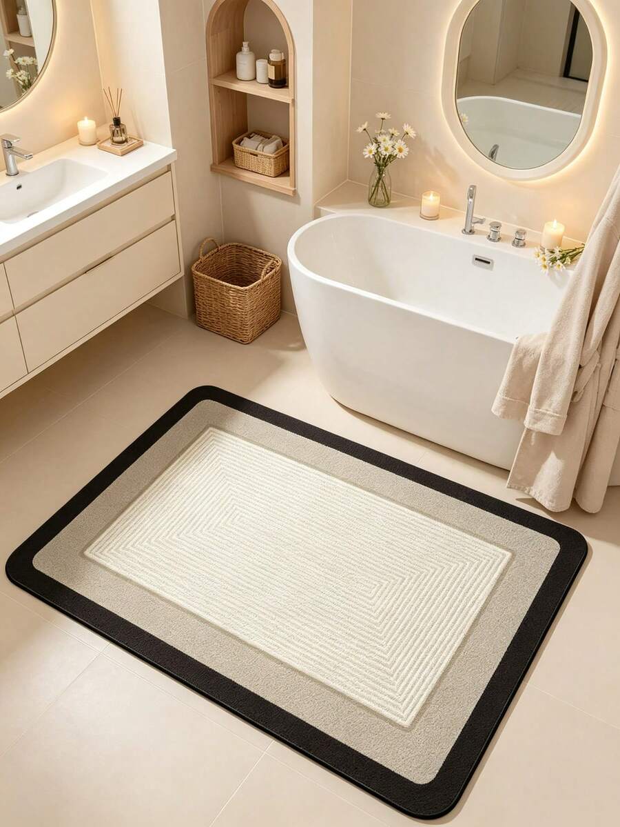 1PC Cream Style Geometric Square Bathroom Mat, Absorbent Bathroom Floor Mat, Anti-Slip And Washable Foot Mat For Shower Door, Bathroom Rug, Door Mat, Small Rug, Carpet, Floor Mat, Home Decor, Area Rug, Outdoor Mat, Home Decor, Area Carpet, Bedroom Carpet, Washable Carpet, Printed Semi-Circular Sun Pattern Door Mat, Fun Machine Washable Rug