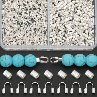 200pcs/300pcs Silver DIY Connector Parts Set Includes Cylindrical Positioning Tube Beads + U-Shaped Clasps, Suitable For DIY Jewelry, Bracelets, Necklaces, Anklets, Chain End Connector Accessories, Horseshoe-Shaped Closure Clasps, Wire Clamps, Bag Pendant Charms, Beaded Accessories, DIY Jewelry Making Materials