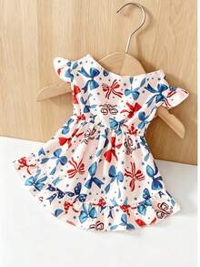 1件時尚春夏秋冬印花迷你洋裝，新款基礎款，可愛貓咪與小狗寵物圖案 - 藍色 - 查看 7