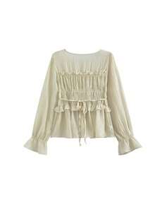 Korean-Style French Gentle Sweet Frill Trim Ruched Cinched Waist Flounce Sleeve Blouse - Apricot - View 6