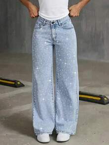 Fashionable Rhinestone Embellished Light Blue Denim Jeans For Teenagers - Light Wash - View 5