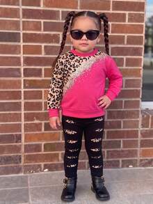 2pcs Baby Girls Leopard Print Graphic Top And Pants Suit - Multicolor - View 2