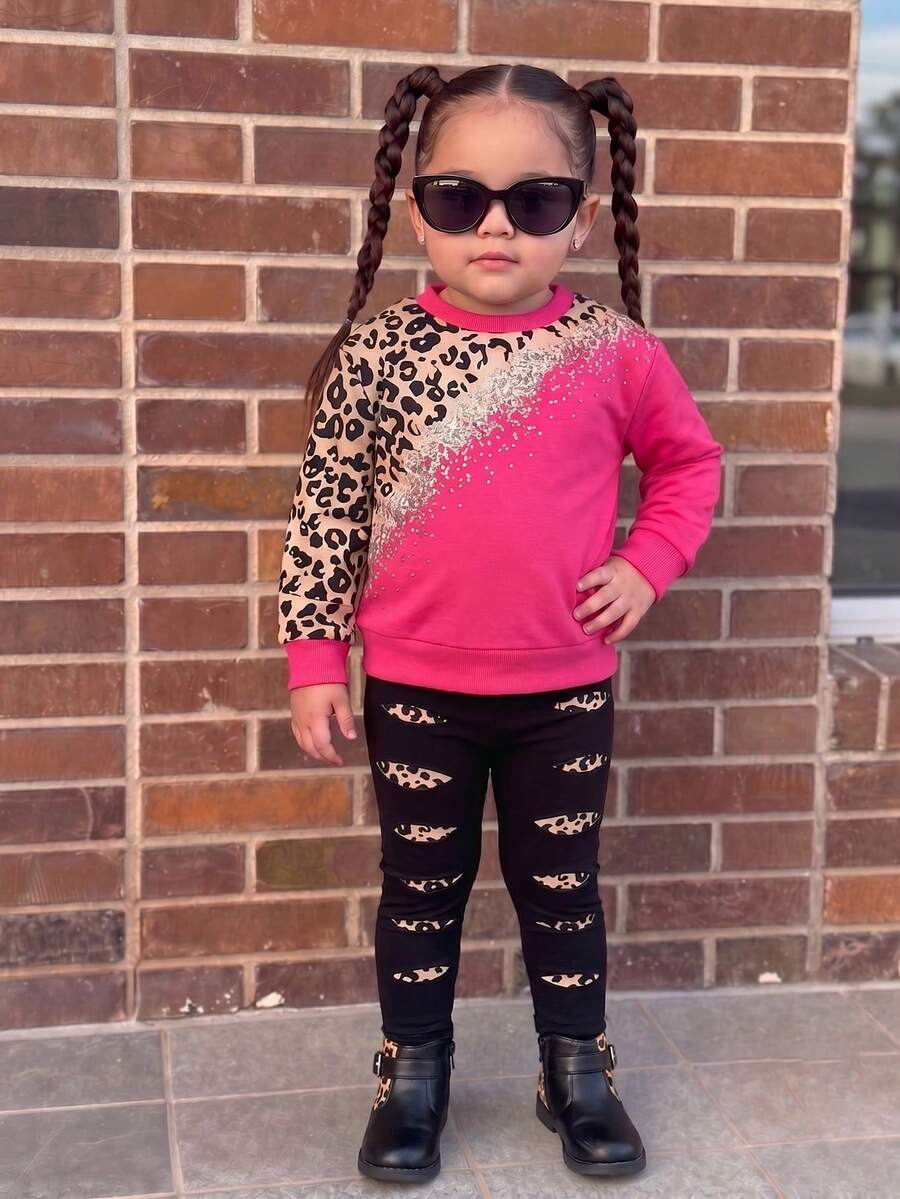 2pcs Baby Girls Leopard Print Graphic Top And Pants Suit