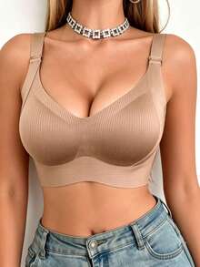 Sujetador sin costuras para mujer - Tirantes ajustables, soporte inalámbrico, adecuado para uso diario, tela súper suave y transpirable, ropa de primavera para mujer, sujetador de lencería cómodo - Caqui - Ver 4
