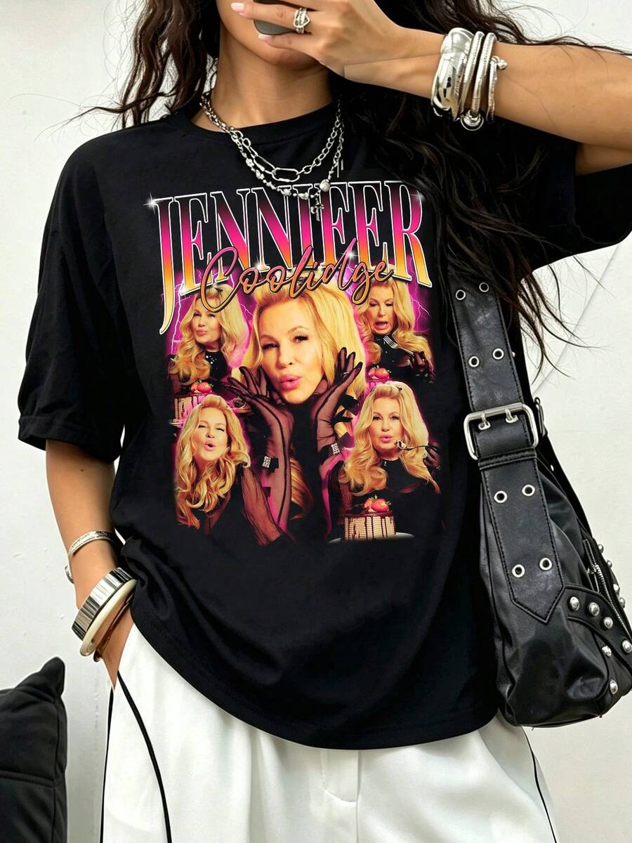 Pink Gradient Lightning Multi Shot Jennifer Coolidge Cake Scene Vintage Bootleg Fan Cotton T-Shirt - 黑色 - 查看 1
