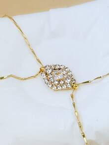 1pc Niche Elegant Double-Layer Chain Rhinestone Inlaid Choker Necklace, Geometric Delicate Versatile Necklace Jewelry For Women - Gold - View 4