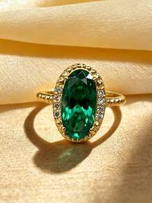 1pc Oval Emerald Zirconia Halo Ring, Beaded Rice Grain Texture Vintage Warm Gold Twisted Band Women's Ring, No Packaging Box - Gold - View 1
