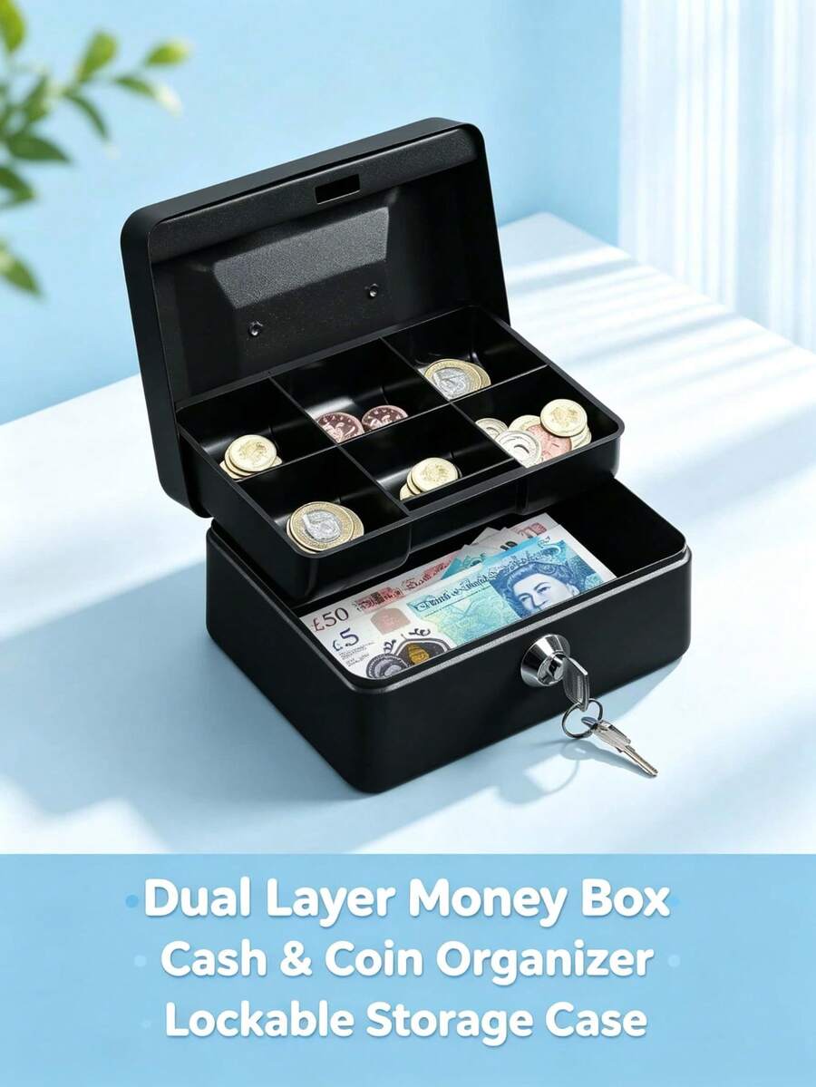 1pc Compact Metal Cash Box With Combination Lock, 6 Inch Security Lock Box With Money Tray, Glossy Black Finish, Suitable For Retailers, Personal Use, Home Office And Secure Storage, Size 15 X 12 X 9cm - Black - View 1