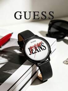 GUESS 中性復古三角問號 Logo 系列手錶，圓盤面壓紋 Logo，多色矽膠錶帶，休閒街頭風石英腕錶 - 白色 - 查看 2