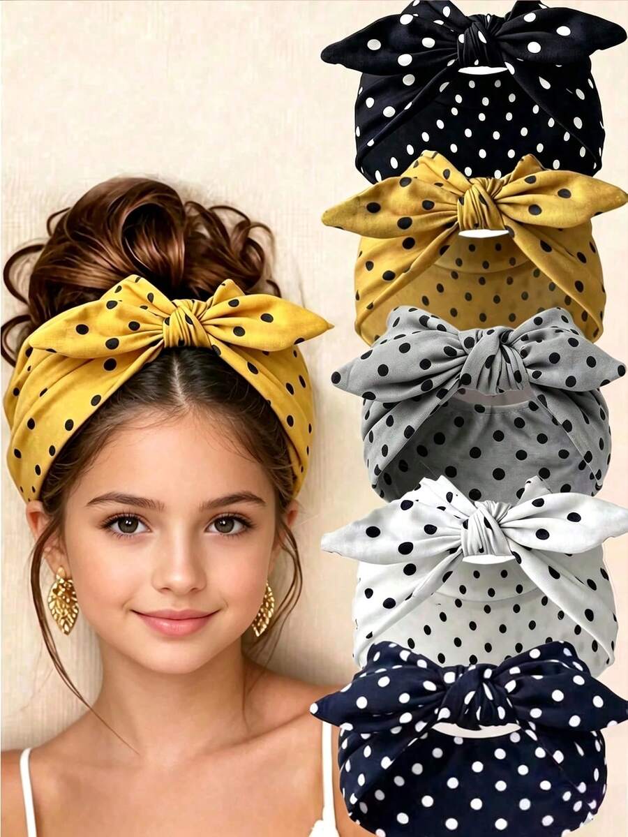 1_5pcs Girls Polka Dot Rabbit Ear Headband Set, Wide Knot Headband ...