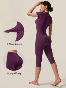 TimeOff Conjunto de mujer de un solo color sin costuras con cuello redondo, manga corta, cintura acanalada y pantalones de largo medio para gimnasio, correr y entrenamiento - Morado - Ver 3