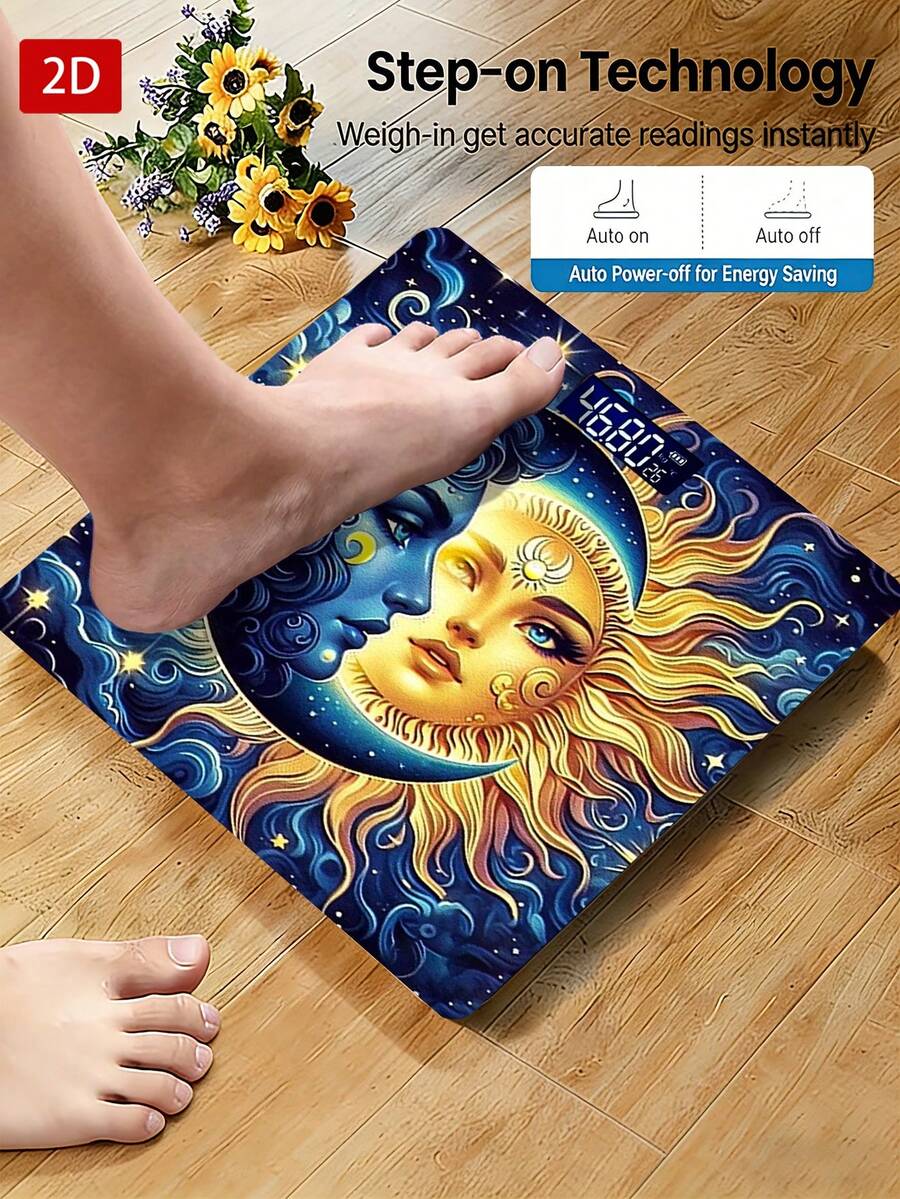 1pc LED Display Electronic Scale, Flat 2D Sun & Moon Pattern Digital Bathroom Scale, Decorative Weighing Platform, Suitable For Long-Term Use, Meets Home Weighing Needs, Uses AAA Batteries (Batteries Not Included)