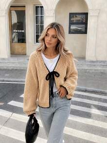 Women's Chic Casual V-Neck Tie-Front Raglan Sleeve Ribbed Contrast Trim Cardigan, Elegant Loose Vacation Daily Commute Outings Sweater, Fall Winter - Apricot - View 4