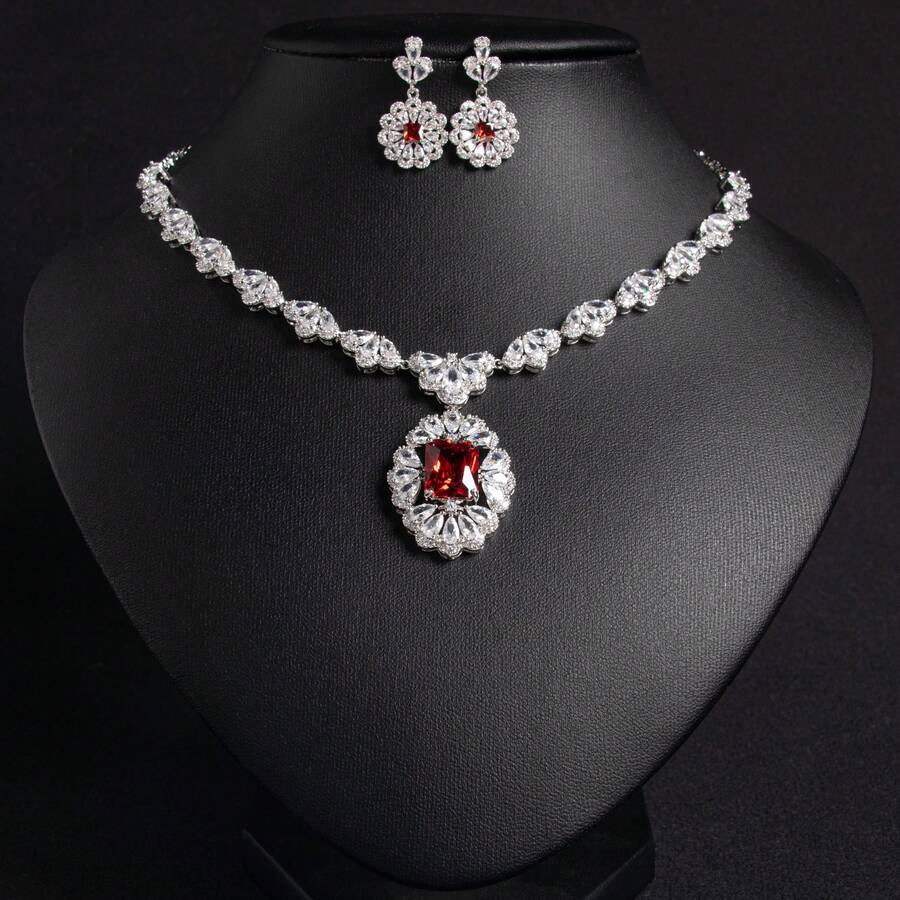 1 Set Women's Fashion Jewelry Set, Zirconia Inlaid Earrings And Necklace, Combination Jewelry, Suitable For Women's Holiday | Party | Banquet | Multi-Occasion Wear, Gift