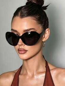 1pc Large Oval Y2K Retro Fashion Glasses, Full Frame Versatile Women's Eyewear, Suitable For Travel, Vacation, Street Photography, Daily Wear, Beach Accessory - Black - View 2