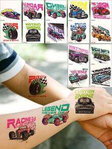 14 piezas Pegatinas de tatuajes temporales de coches de carreras de dibujos animados, resistentes al agua y de larga duración, tatuajes para fiestas festivas - Multicolor - Ver 13