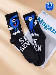 1/3/20/30雙男士卡通數位時尚中筒襪，柔軟舒適透氣，適合四季穿著，完美適用於日常穿著、聚會與休閒運動 - 彩色 - 查看 9