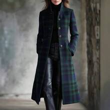 Ladies' Autumn And Winter Scottish Plaid Stand Up Collar Long Coat, Retro Single Breasted Slim Casual Jacket KORTNEY12 - Green - View 6