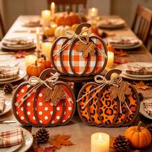 1/3pcs 3D Layered Wooden Pumpkin Desktop Decor, Buffalo Plaid Polka Dot Leopard Print Wooden Pumpkin Ornament With Jute Bow And Maple Leaf Tag, Autumn Layered Tray Decoration, Thanksgiving Farmhouse Style Dining Table Centerpiece Indoor Desktop Decor - Autumn Decor - View 4