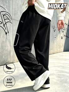 Hidkat Spring/Autumn Men's Pocket Cargo Wide Leg Casual Pants, Street Hip-Hop Elastic Waist Drawstring Sports Long Pants, American Style Daily Wear - Black - View 3