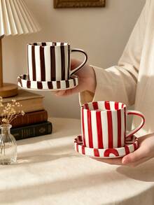 Multi-Color Vertical Striped Ceramic Coffee Cup With Matching Tray, Red Yellow Black 3-Color Striped Porcelain Latte Tea Cup Set, Vintage French Aesthetic Breakfast Tableware, Romantic Valentine's Day Birthday Housewarming Gift - Multicolor - View 6