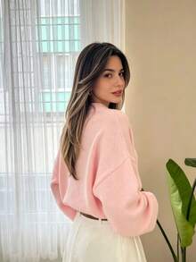 FOR BEAUTY Fall Winter Women Sweaters Elegant Casual Y2K Pink Round Neck Drop Shoulder Oversized Loose Fit Pullover Ribbed Knitwear Top - Pink - View 7