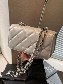 Mini New Diamond Quilted Chain Handbag, Simple Design Crossbody Bag, Commuter Shoulder Bag - Light Grey - View 6