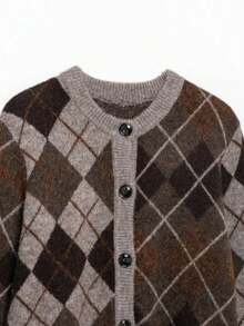 DEEKA Autumn/Winter New Women's European And American Style Fashion Minimalist Diamond Pattern Long Sleeve Single-Breasted Casual Cardigan Sweater - Brown - View 5