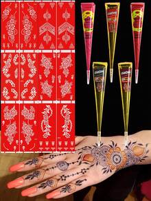 STARTTOOS 11PCS (5pcs Henna Paste + 6pcs Hollow Stencil) Combo Pack Henna Body Art Tattoo Cream Semi-Permanent Tattoo Ink For Wrist And Body, Long-Lasting Color Semi-Permanent Plant-Based Tattoo Ink - Multicolor - View 1