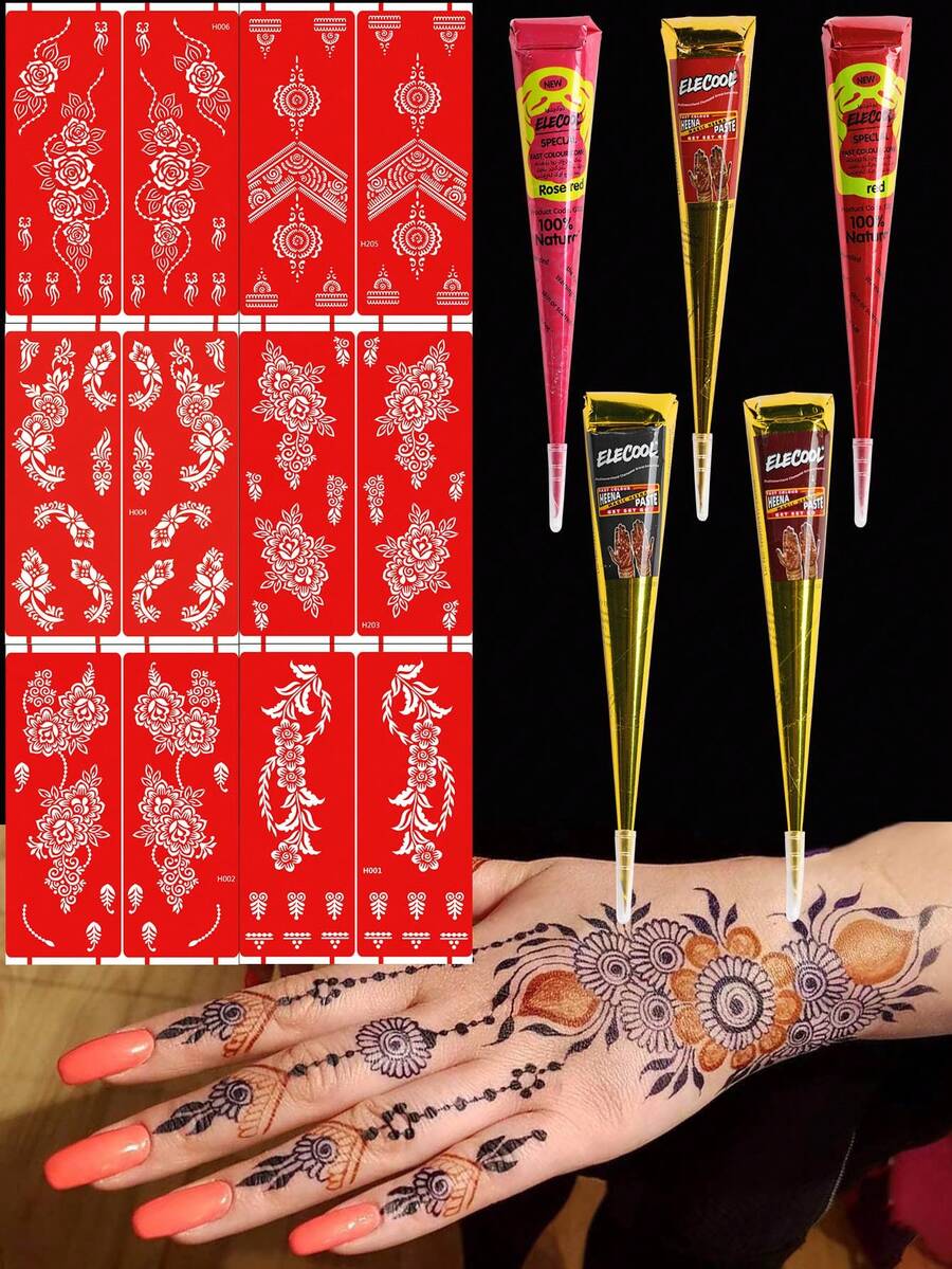 STARTTOOS 11PCS (5pcs Henna Paste + 6pcs Hollow Stencil) Combo Pack Henna Body Art Tattoo Cream Semi-Permanent Tattoo Ink For Wrist And Body, Long-Lasting Color Semi-Permanent Plant-Based Tattoo Ink - Multicolor - View 1