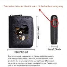 Cute Black Cat & Daisy Butterfly Print PU Leather Zipper Wallet, Women's Mini Card Holder & Coin Purse - Multicolor - View 3